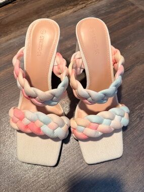 Braided Pastel Slide Heels in Pink & Blue - Women's